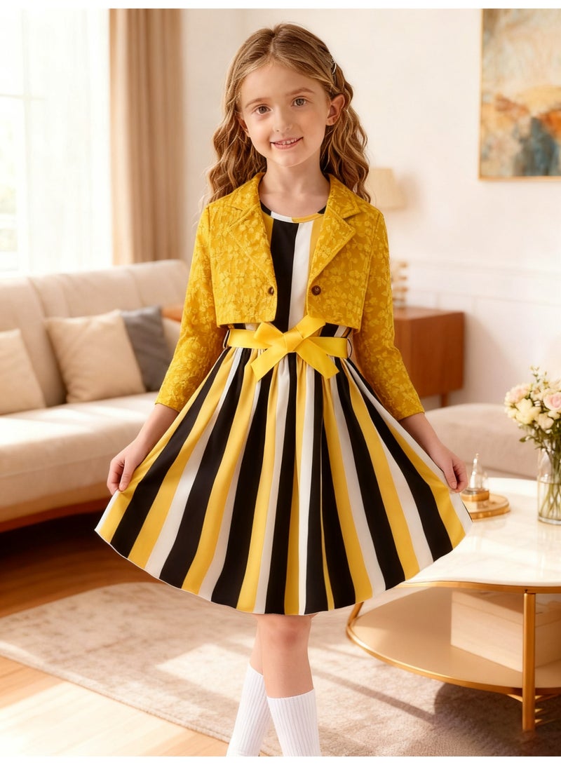 Girls' Yellow Jacquette Blazer & Striped Bow Dress Set, Princess Dress for Spring/Autumn